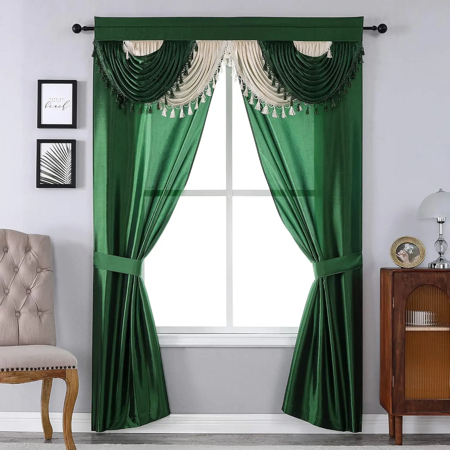 Amore Curtains 5- Window Curtain Set - 54-Inch W x 84-Inch L Panels with Attached Valance and 2 Tiebacks - Green Curtains (Green)