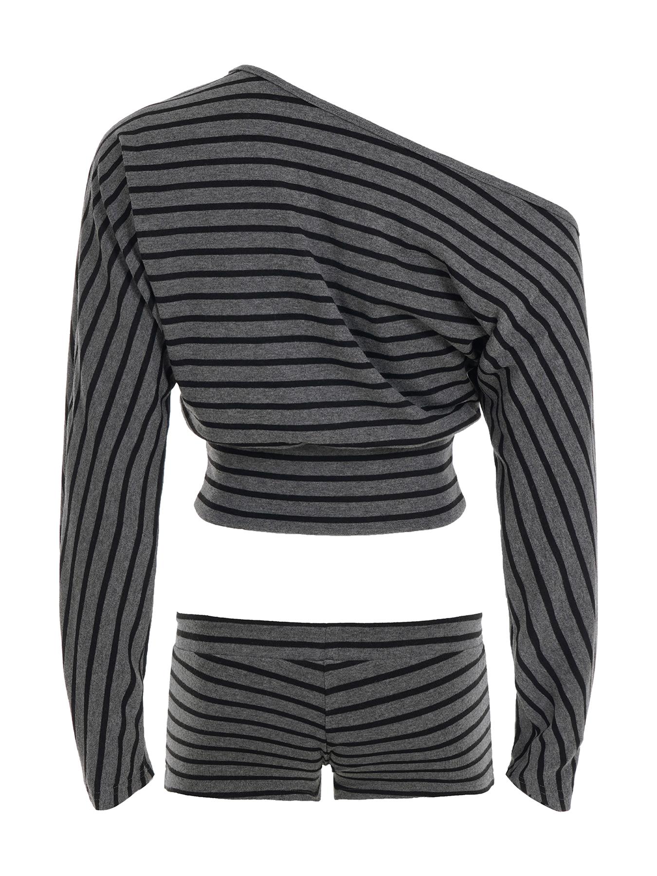 Striped Off-Shoulder Asymmetrical Two-Piece Set, Casual Comfortable Loose Long Sleeve Top + Adjustable Drawstring Waist Shorts