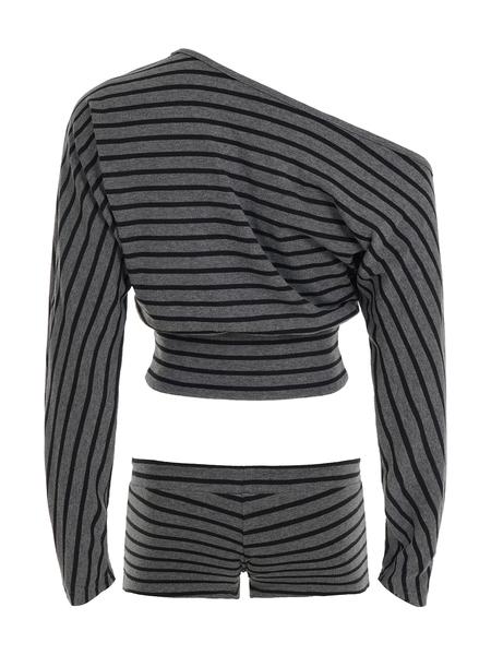 Striped Off-Shoulder Asymmetrical Two-Piece Set, Casual Comfortable Loose Long Sleeve Top + Drawstring Waist Shorts
