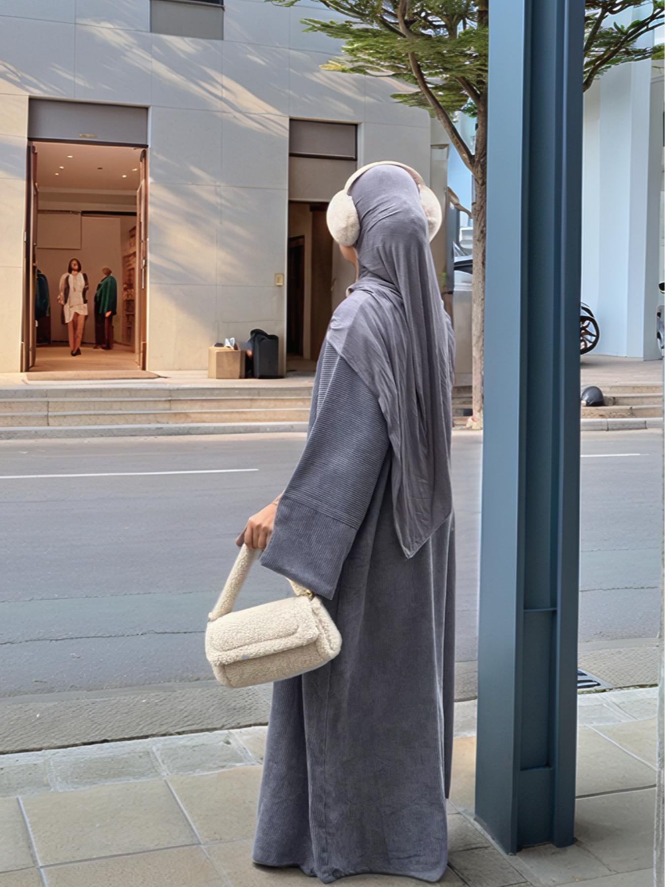 Women's Solid Color Split Sleeve Corduroy Robe, Modest Long Sleeve Round Neck Robe for Fall & Winter, Women's Islamic Clothing for Daily Wear, Modest Muslim Outfits