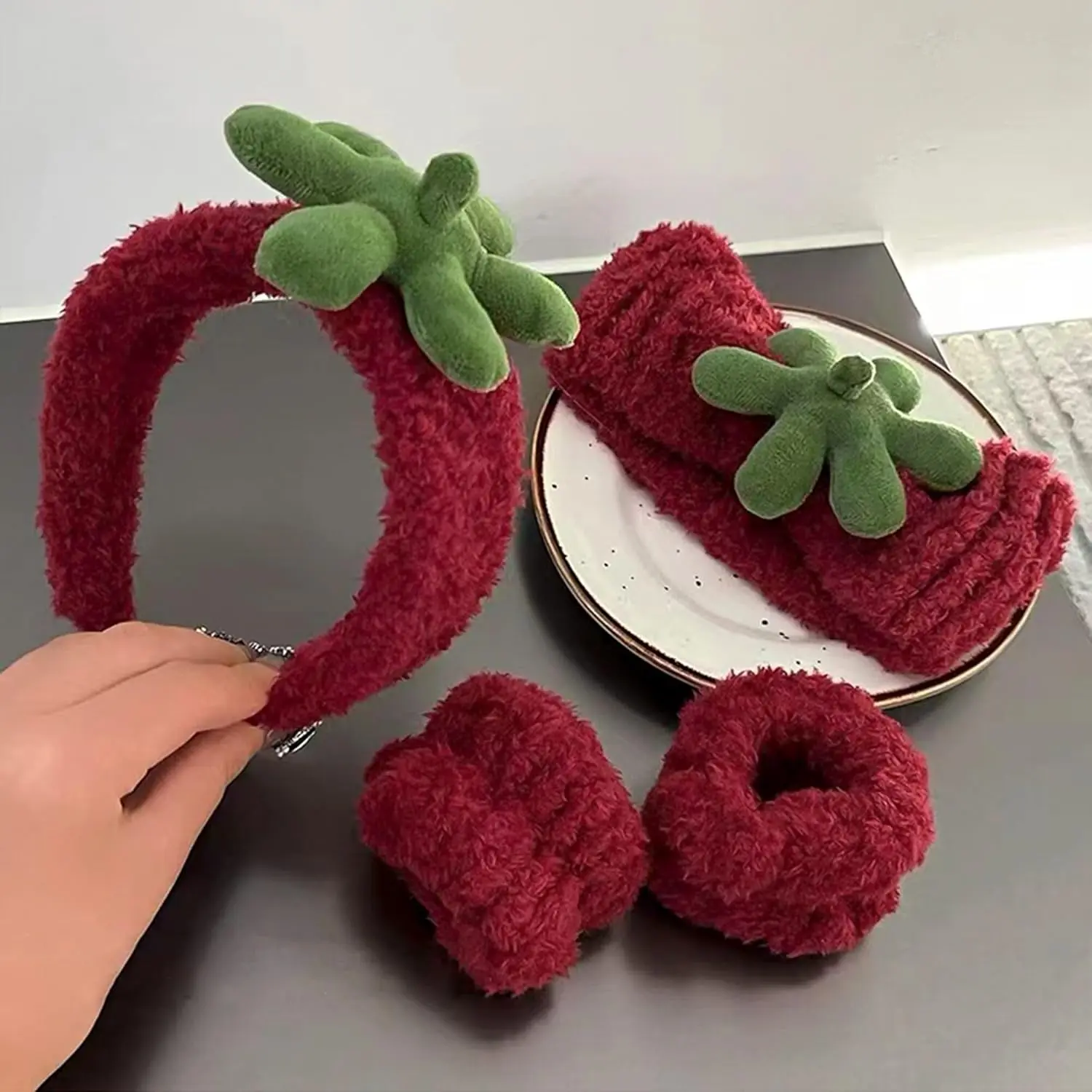 Cute Strawberry Padded Headband and Wristband Set, Soft Thick Terry Cloth Non-Slip Sponge Hair Accessories for Women Girls for Skincare, Makeup & Spa, Padded Soft Thick Terry Cloth, No