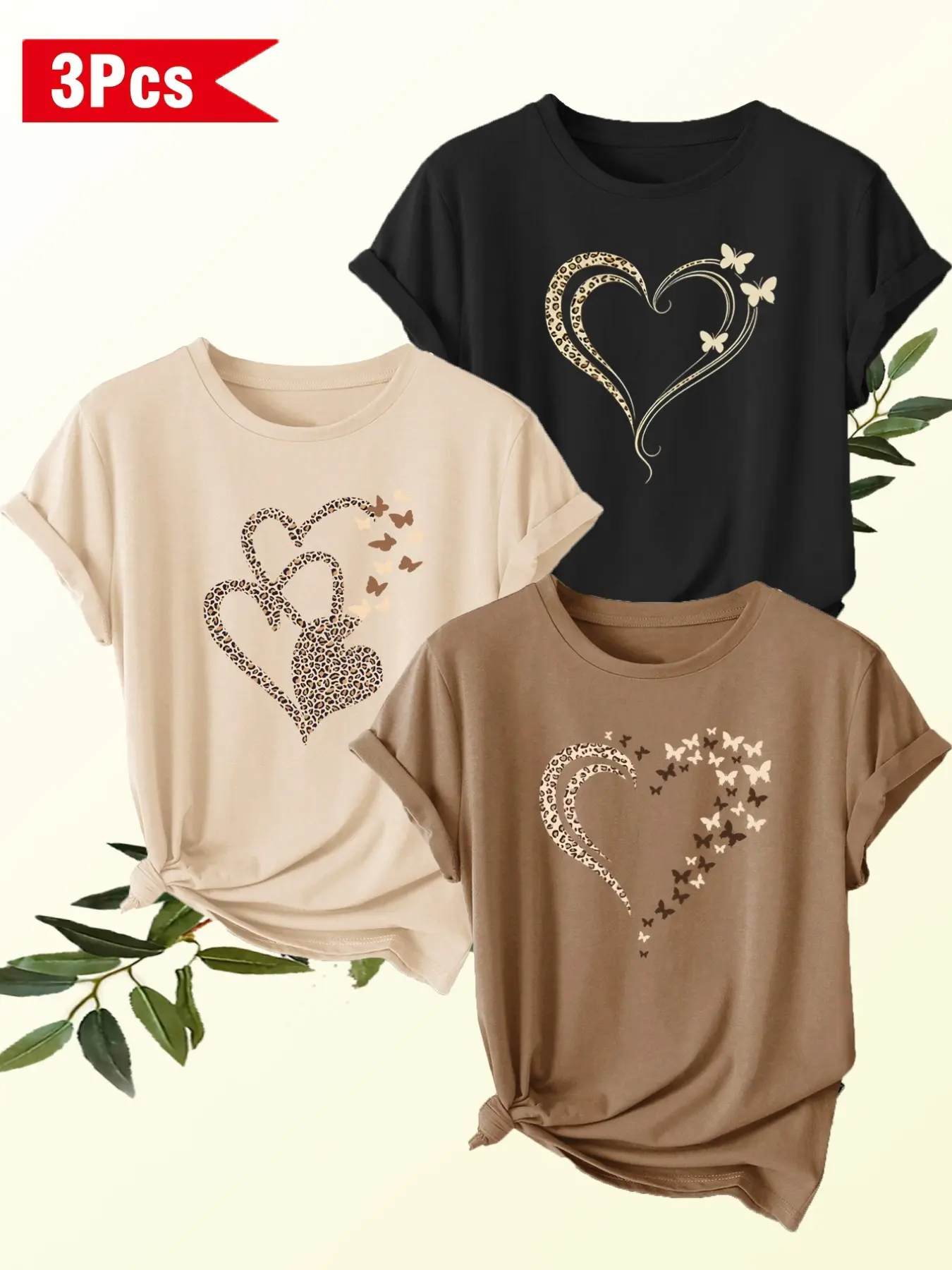 Women's 3-Pack Casual Round Neck Short Sleeve T-Shirts, Leopard Heart Print, Stretchy Breathable Fabric, All-Season Comfort