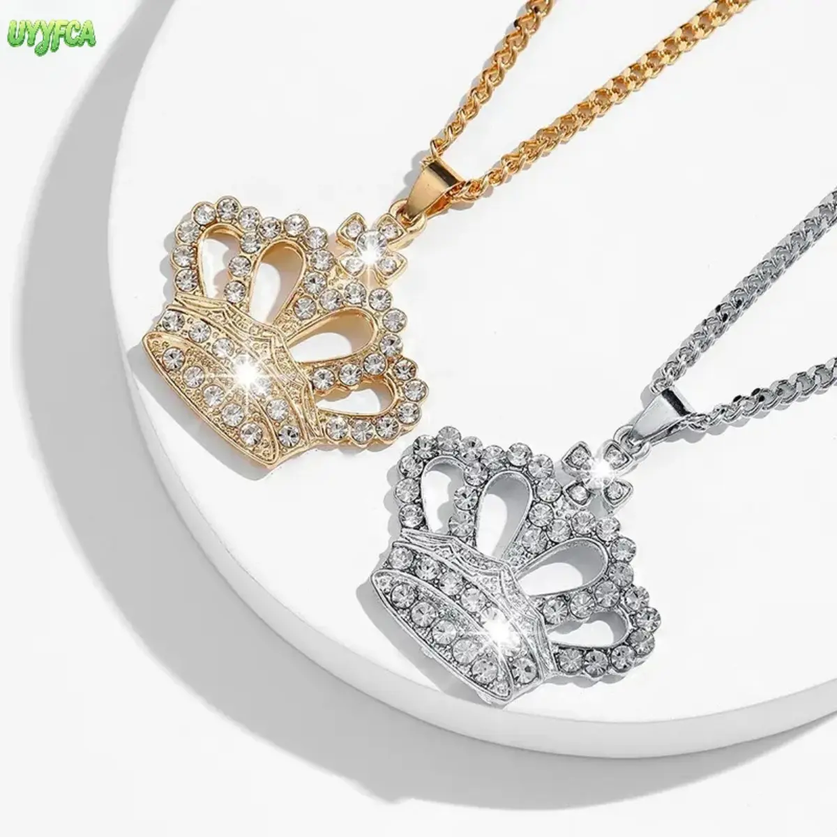 Unisex Rhinestone Crown Pendant Necklace, Bling Sparkly Hollow Crown Jewelry With Polished Box Chain, Adjustable Statement Accessory For Daily Wear, Date Night, Party And Holiday Occasions