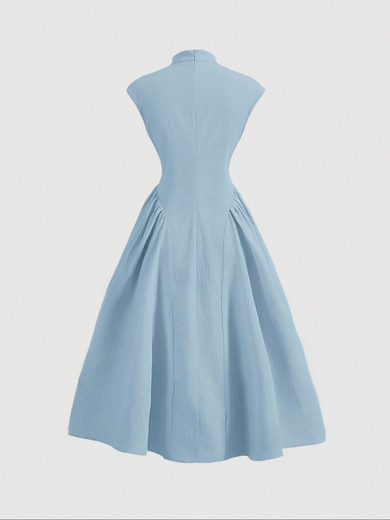 Women's Plain Mandarin Collar A Line Dress, Summer Clothes Women, Elegant Fashion Casual Zipper Back Long Dress for Daily Outdoor Wear, Women Dress for Summer, Casual Elegance Chic