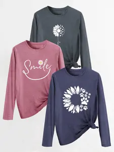 Sunflower Paw Smile Long Sleeve Tee, Paw Sunflower Sketch Line Print, comfy casual long top