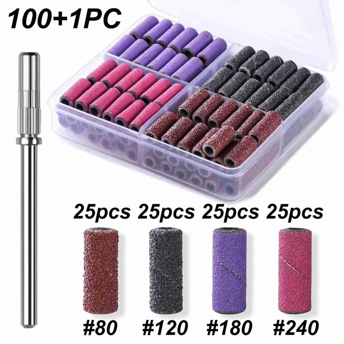 100pcs (#80#120#180#240)4Grits With 1PC Mini Mandrel Nail Art 3mm Mini Grinding Sand Ring Bands Set Electric Grinding Machine Nail Grinding Head Manicure Tools Accessories