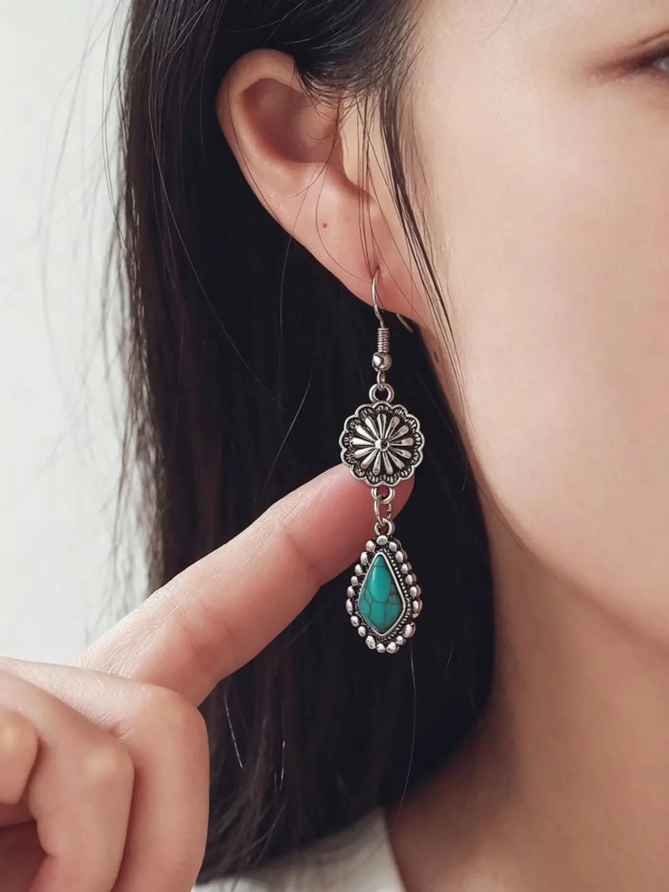 Boho Vintage Turquoise Long Dangle Earrings, Elegant Alloy Ear Jewelry, Plain Pattern, All Seasons, No Choking Hazard, Not Plated with Precious Metal