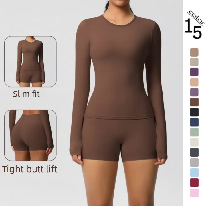Women's Solid Color Double-Sided Brushed Tight Long Yoga Outfit Set, 2-Piece Sports Suit for Running & Fitness