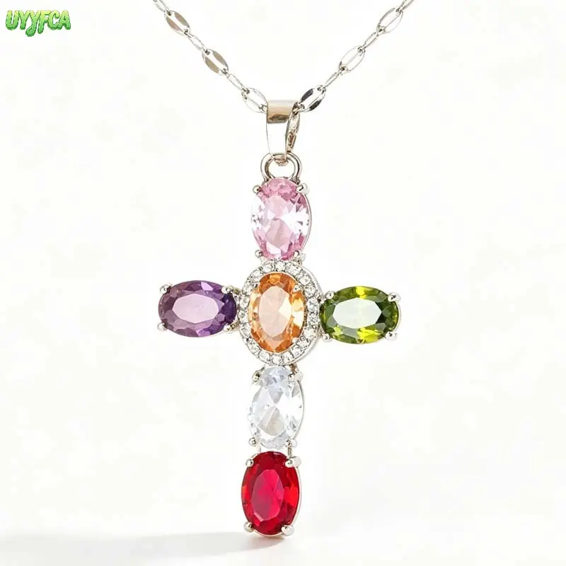 Colorful Zircon Cross Necklace for Women with Rainbow Stones & Halo, Gold-Tone Beaded Station Chain, Gothic Jewelry, Church Wear, Gothic Cross Necklace, Religious, Colorful Cross Necklace, Gold (Cross Chain),back to school,back to school haul