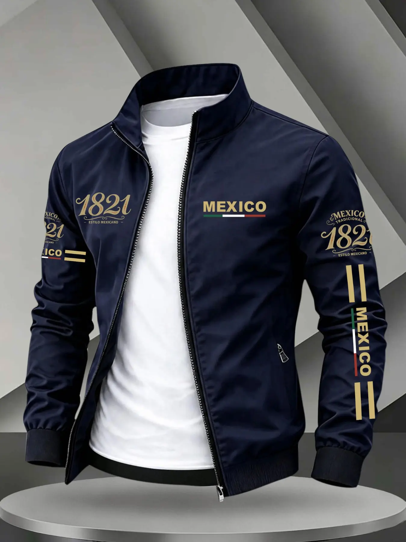 Stand Collar Zip Up Lightweight Jacket, Chest & Double Sleeve Mexico 1821 Flag Graphic Letter Print Elastic Rib Cuff Mexican Heritage Casual Windproof Outdoor Streetwear Coat #MexicoJacket #MexicanCulture #1821Mexico #MensTrackJacket #TikTokMadeMeBuyIt