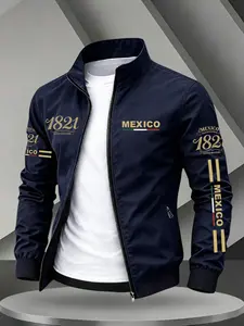 Stand Collar Zip Up Lightweight Jacket, Chest & Double Sleeve Mexico 1821 Flag Letter Print Elastic Rib Cuff Mexican Heritage Casual Windproof Outdoor Streetwear Coat #MexicoJacket #MexicanCulture #1821Mexico #MensTrackJacket #TikTokMadeMeBuyIt