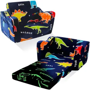 Kids Couch Toddler Sofa Dinosaur Glow in the Dark 2-in-1 Foldable Flip Open Couch Bed Gift for Boys Girls