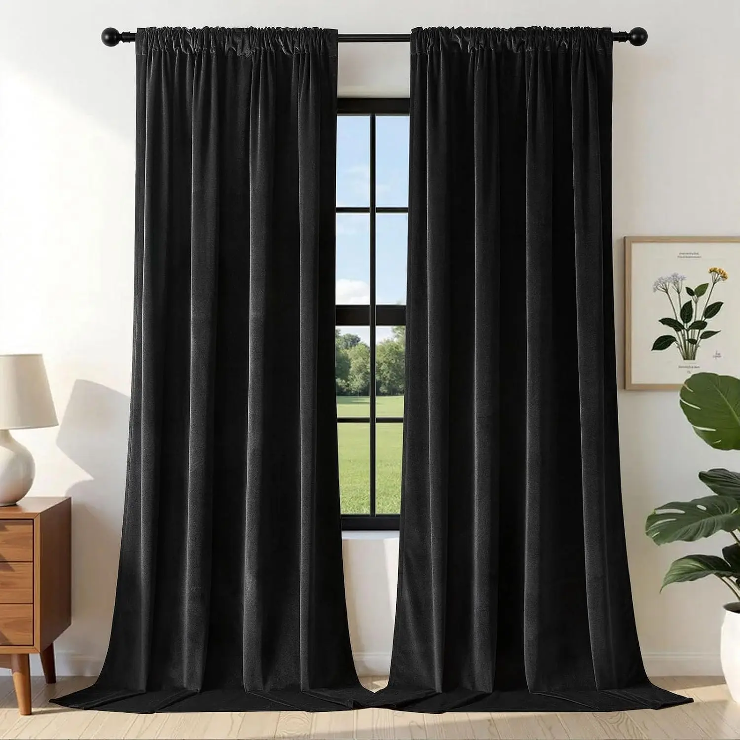 Black Velvet Blackout Curtains - 2 Panels (W52 x L90 in), Luxury Thermal Rod-Pocket Window Drapes, Soft Room Darkening for Living Room Decor, Bedroom