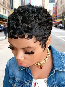 Short Curly Human Hair Wigs, Deep Curly Wig, Kinky Curly Wig, Full Machine Made Pixie Cut Wigs for Women, Natural Color, Stylish and Comfortable