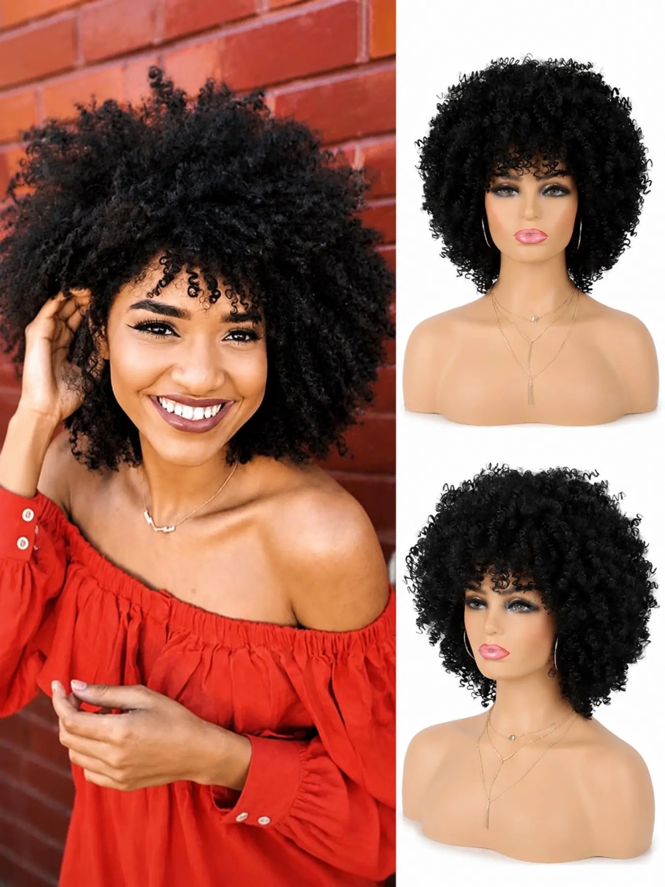 Afro Curly Wigs for Black Women Afro Bomb Kinky Curly Wig with Bangs 10 inch Fluffy and Soft Glueless Synthetic Hair Afo Wig Gorgeous Fluffy Wigs