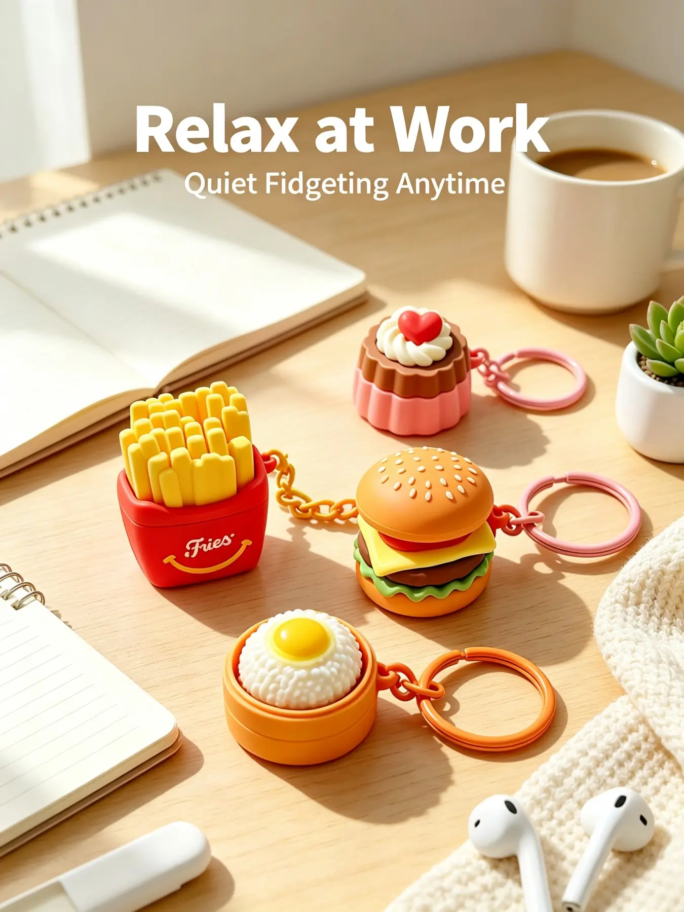 Hamburger Fries Cake Stress Relief Keychain, Realistic Food Press Toy, Finger Pressure Release Pendant, Casual All-Season Accessory