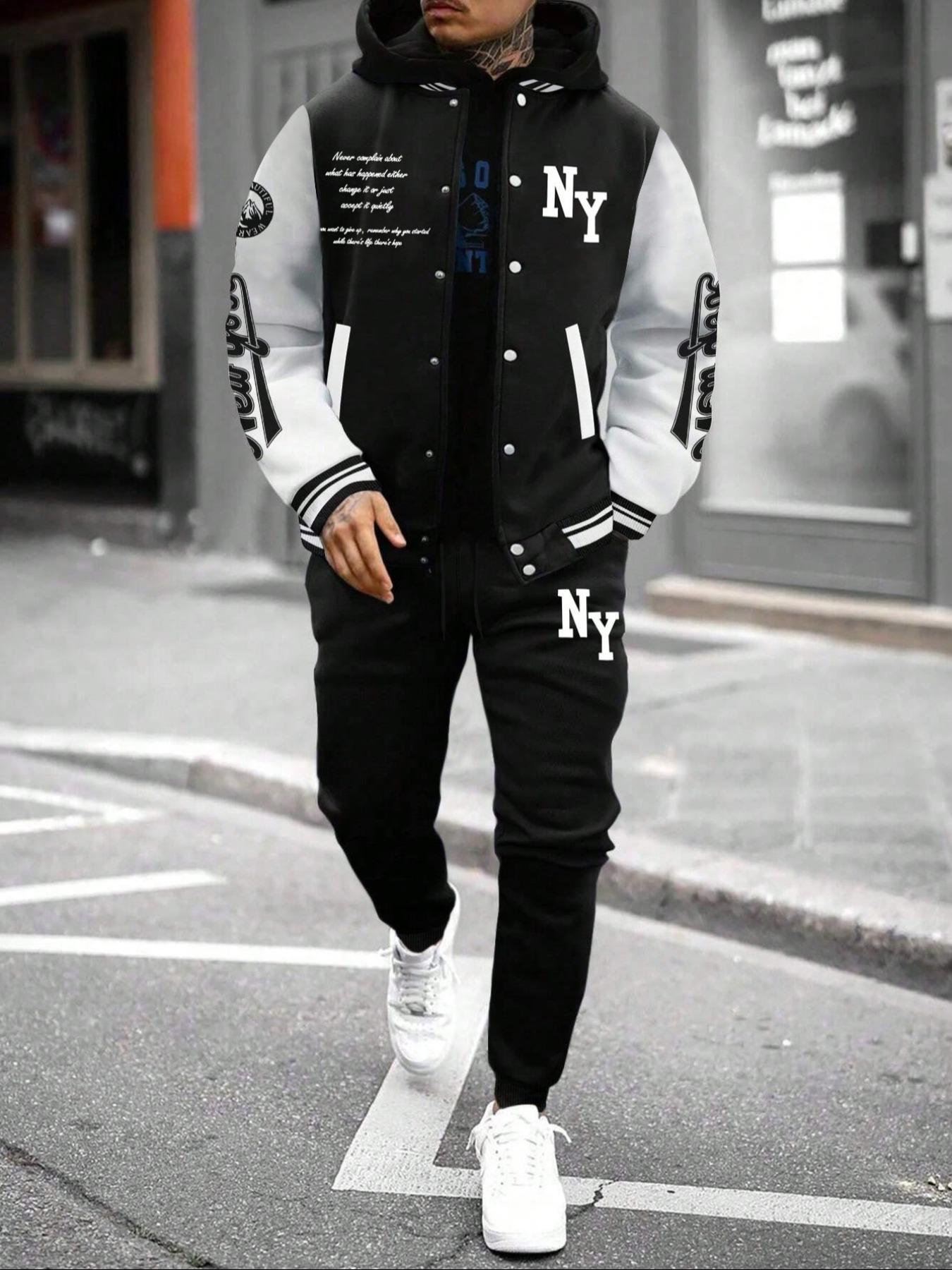 Men's Letter Print Slogan Baseball Jacket & Pants Two-piece Set, Loose Casual Long Sleeve Baseball Collar Outerwear & Trousers for Daily Wear, Men's Two-piece Outfits for Fall & Winter
