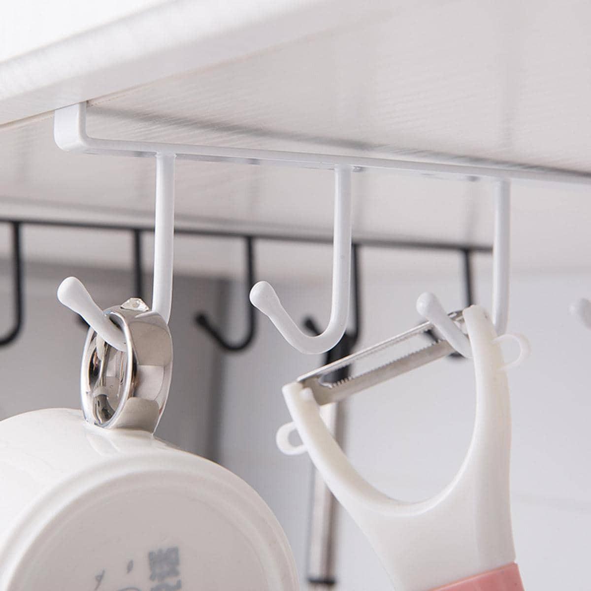 (Without Screws) Cup Hook Shelf, 1 Count Multifunctional Under Cabinet 6 Hooks Cup Storage Rack, Home Organizer for Kitchen Bathroom Bedroom, Wall Mounted Organizer
