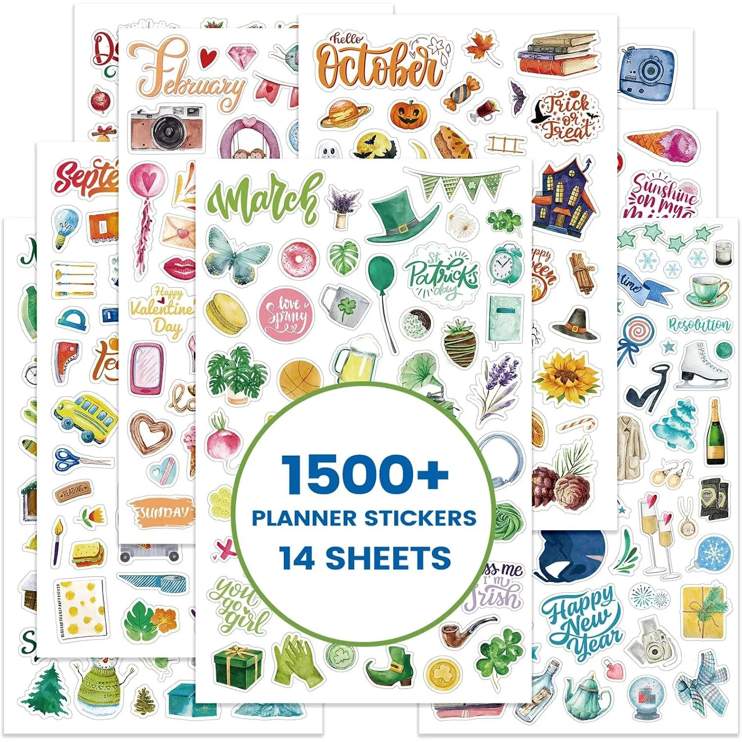 Planner Stickers - Calendar Stickers, 14 Sheets, 1500+ Sticker Per Pack | for Celebration and Decoration, 12 Monthly Festival Theme Sticker for Adults Planner, for Festival Events, Daily Tasks