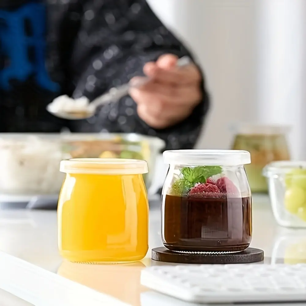 6 plastic lid yogurt pudding glass jars, reusable mini transparent glass bottles for overnight oats, spices and jam, Glass Storage Container