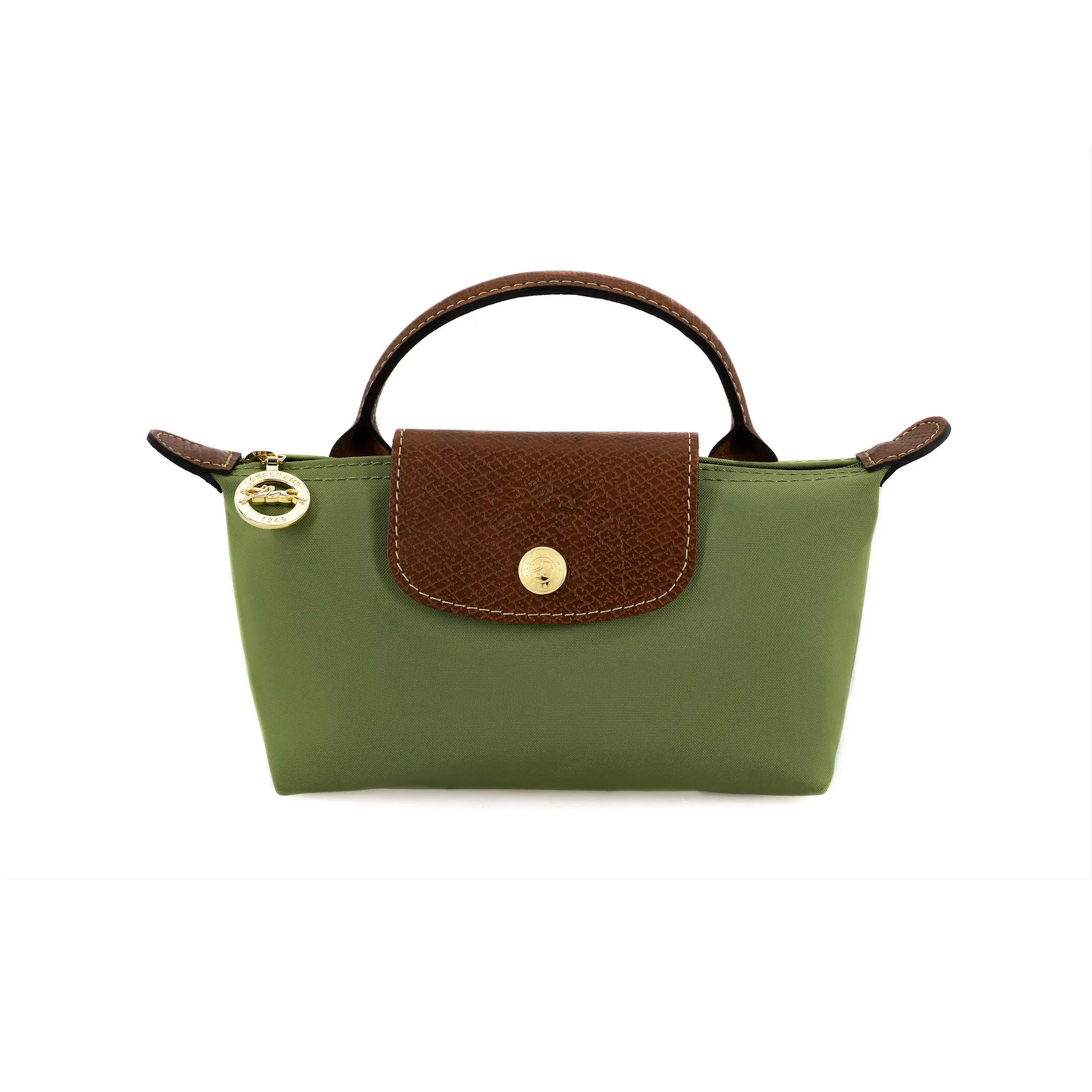 Longchamp Le Pliage 17 Handbag for Women – Logo-Embossed Zip Closure, Calfskin-Trimmed Dumpling Style in Wild Grass Green