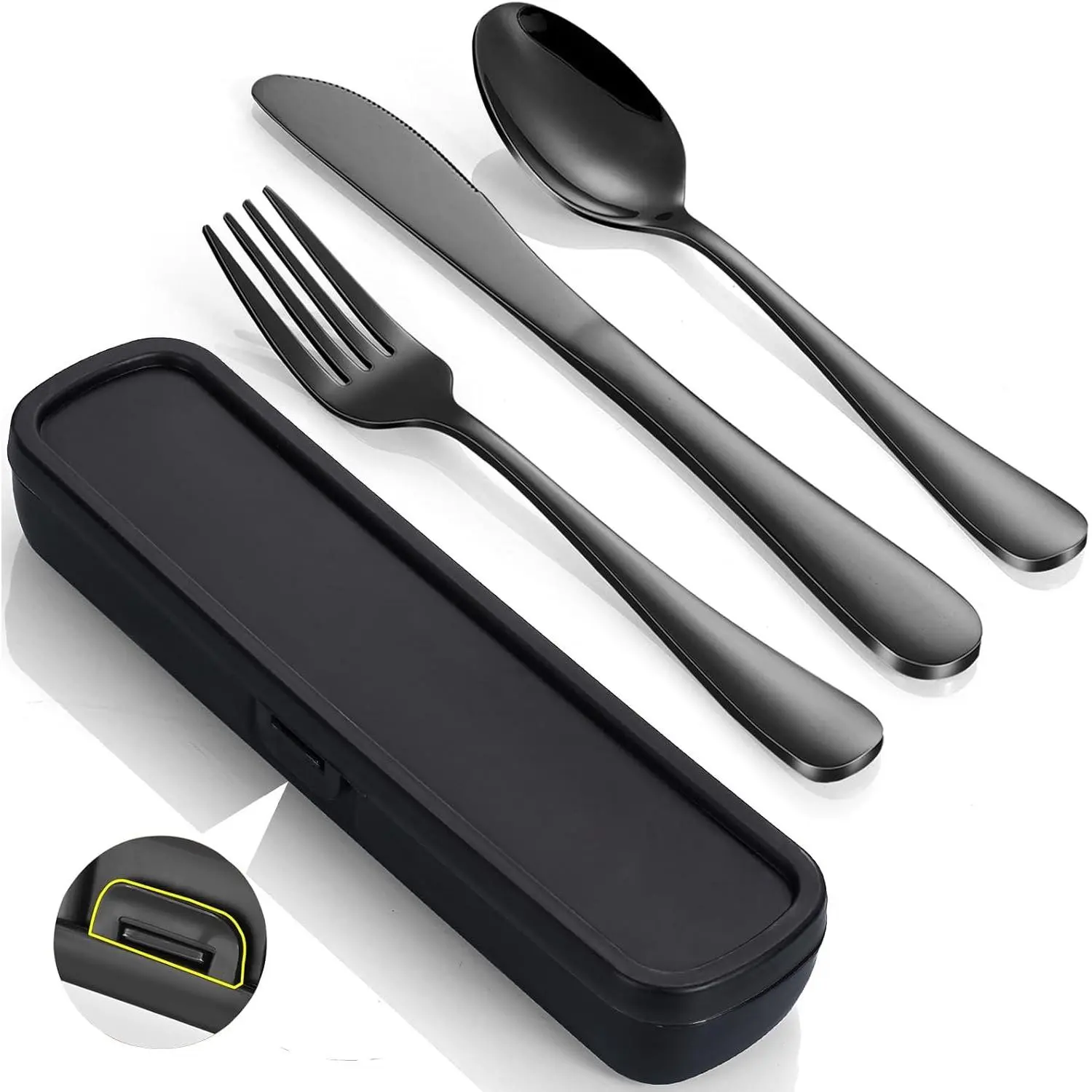 Travel Utensils with Case, 4- Stainless Steel Portable Cutlery Set, Reinforced Case with Buckle Design, Lunch Box for Camping Work School, Include Fork Spoon , Dishwasher Safe, Black