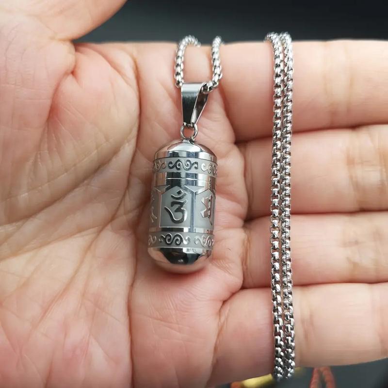 Social Media Aesthetic316 Stainless Steel Om Mani Padme Hum Pendant Necklace - Mantra Bottle Ash Box, Vintage Commemorative Jewelry with Gift Bag and Six-Word Mantra Paper