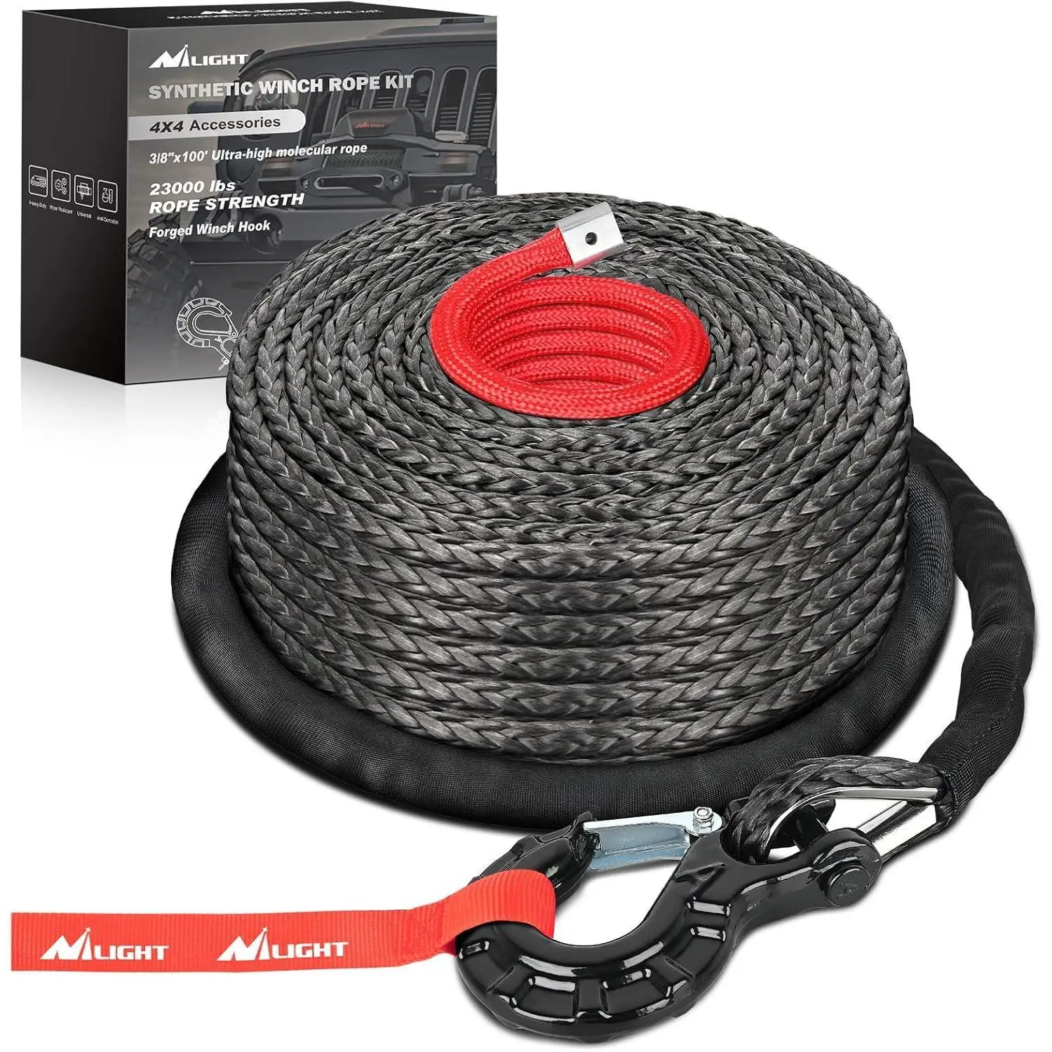 Nilight Synthetic Winch Rope Kit 3/8 Inch X 100' 25000 lbs with Red Jacket Rope Protective Sleeve Forged 35000lb Winch Hook Safety Strap Winch Cable Line for Off Road     Truck SUV, Black