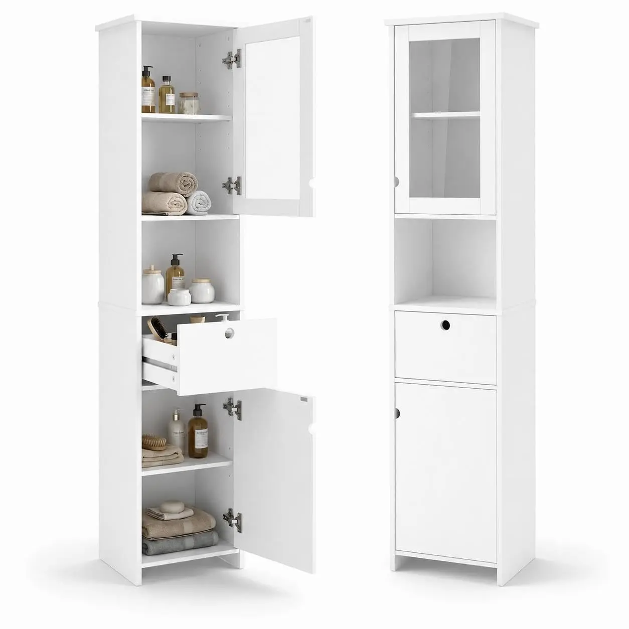 Space-Saving Tall Slim Bathroom Storage Cabinet – Adjustable Shelf, Open Shelves, Glass Doors – Water-Resistant Painted Finish – Freestanding Organizer for Bathroom, Kitchen, Entryway