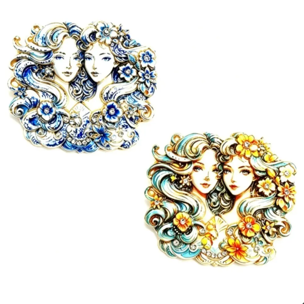 2 Styles Twin Lady Brooch Long Wavy Hair Flower Decoration Colorful Enamel Vintage Portrait Clothing Pin Set