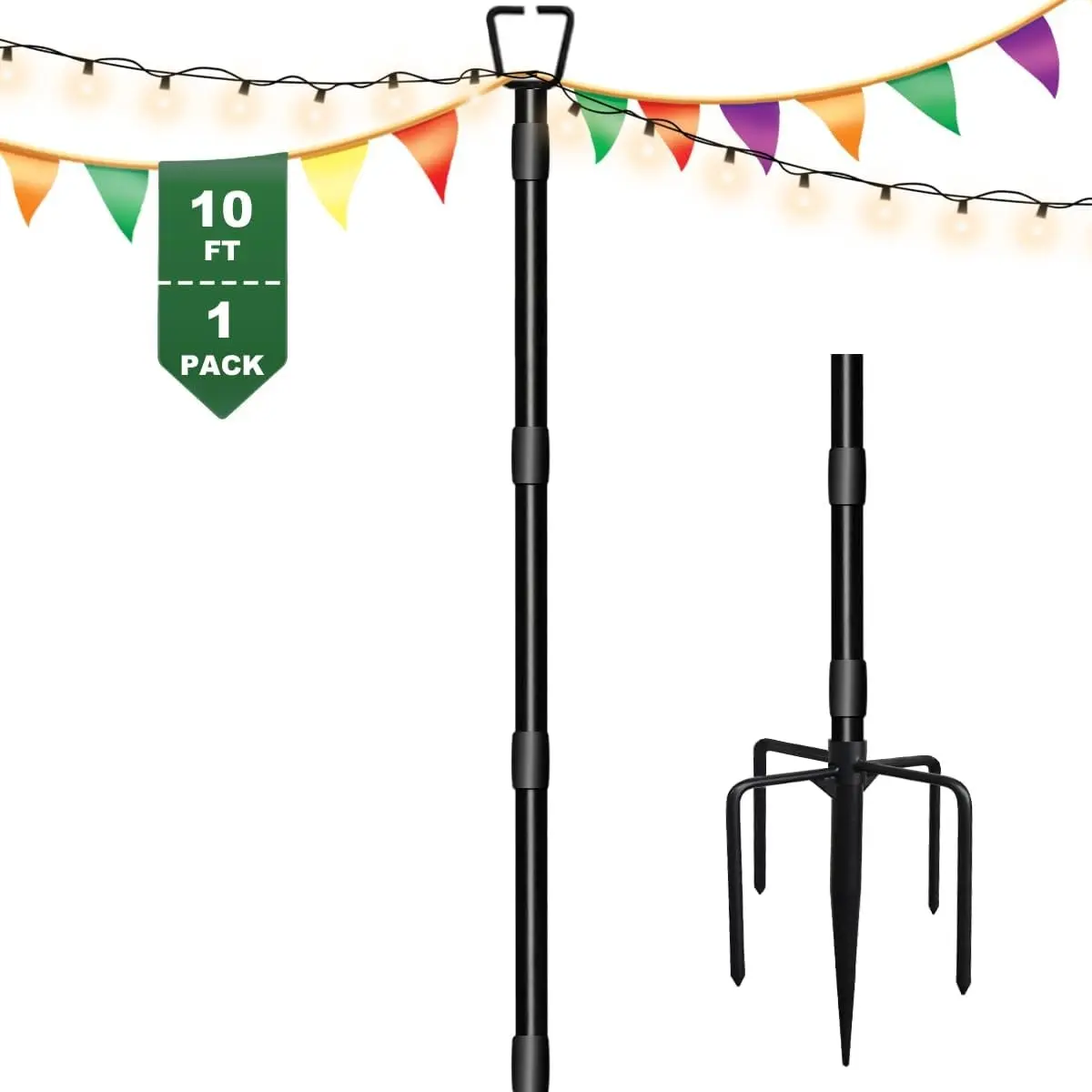 10Ft String Light Poles for Outside, Adjustable Metal Poles for Outdoor String Lights, Rustproof & Sturdy Light Stand Posts for Patio, Backyard, Deck, Garden, Party Decorations