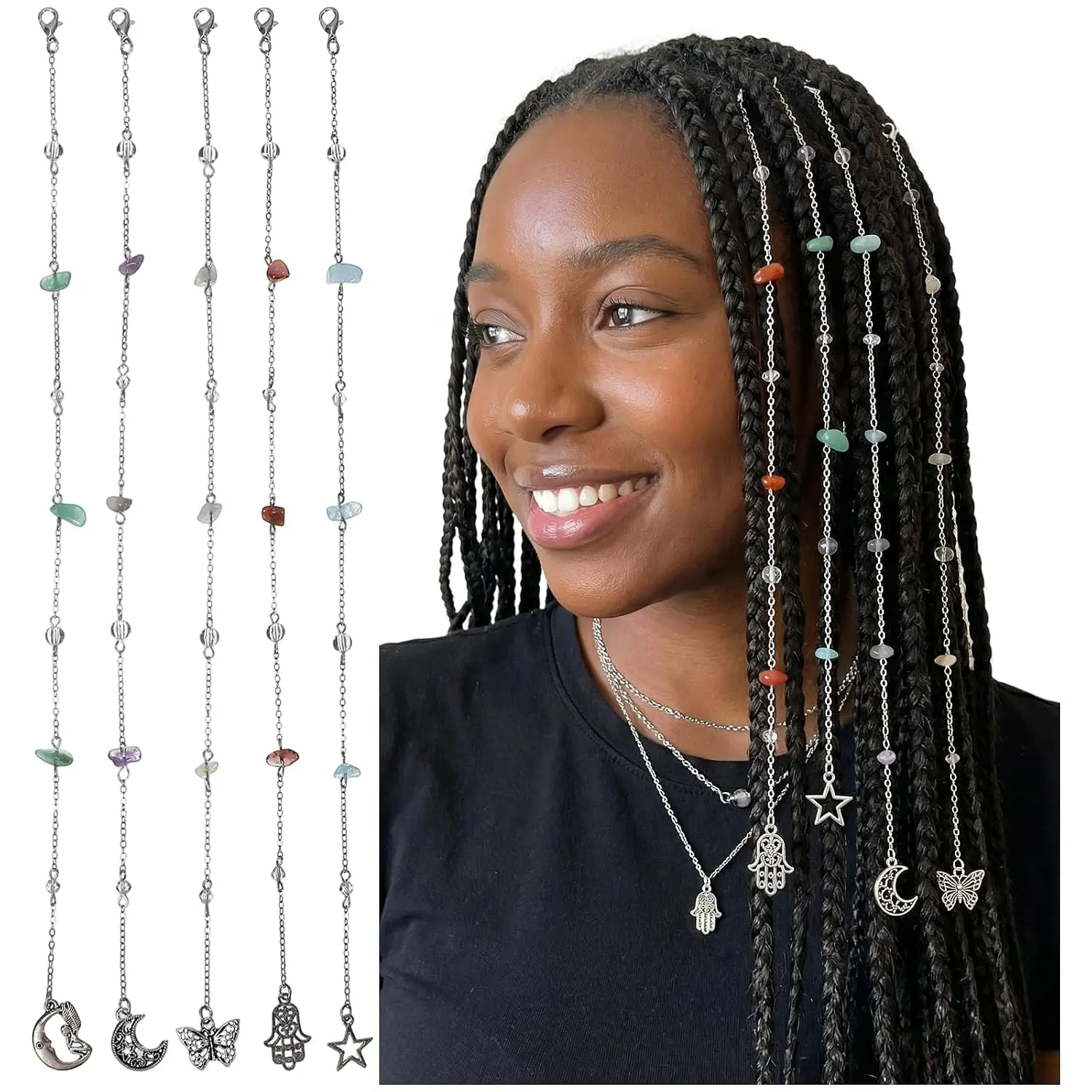 5 count Loc Jewels for Black Women,Braid Jewels for Hair | Long Hair Charms for Braids with Sun Moon,Hairs  for Braids,Dreadlocks,Twists Hairstyle Decoration