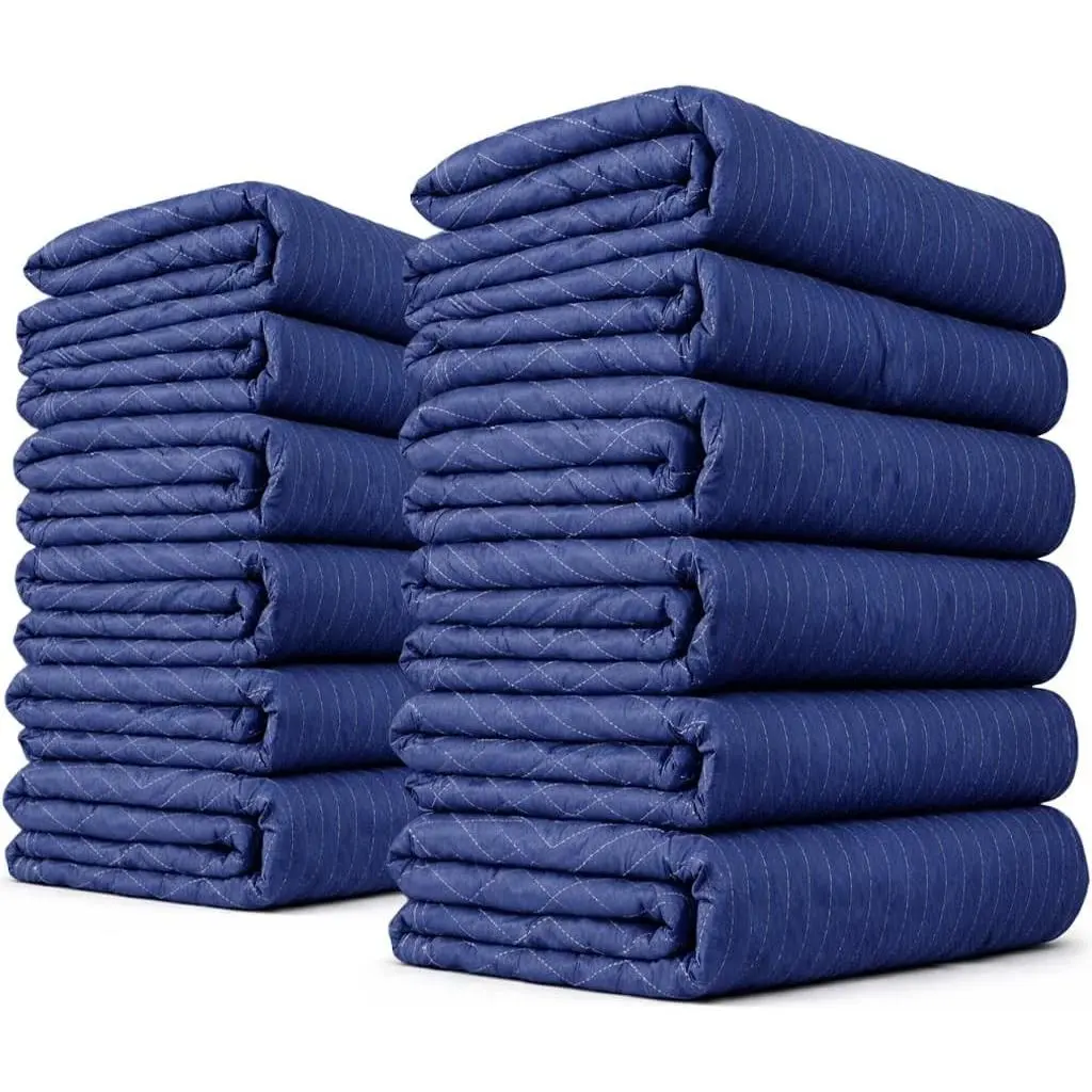 Moving Blankets Heavy Duty 72"x80" 12-Pack (43 lbs/doz), Packing Blankets for Moving Furniture, Shipping, and Storage, Lightweight Quilted Furniture Pads, Tough Blue Polyester