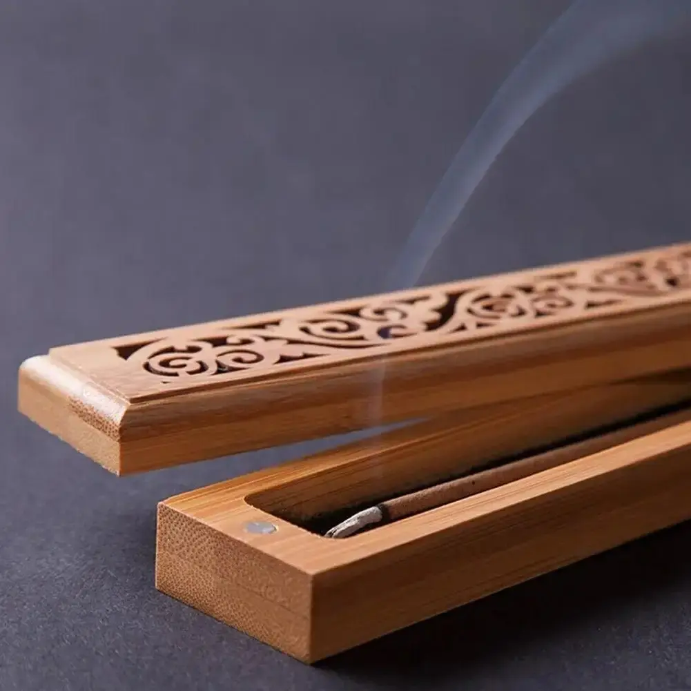 Natural Bamboo Incense Burner with Laying Plate, 45pcs Aroma Scented Incense Sticks, Aromatherapy Wooden Box, Incense Storage & Burning, Hollowed Line Design
