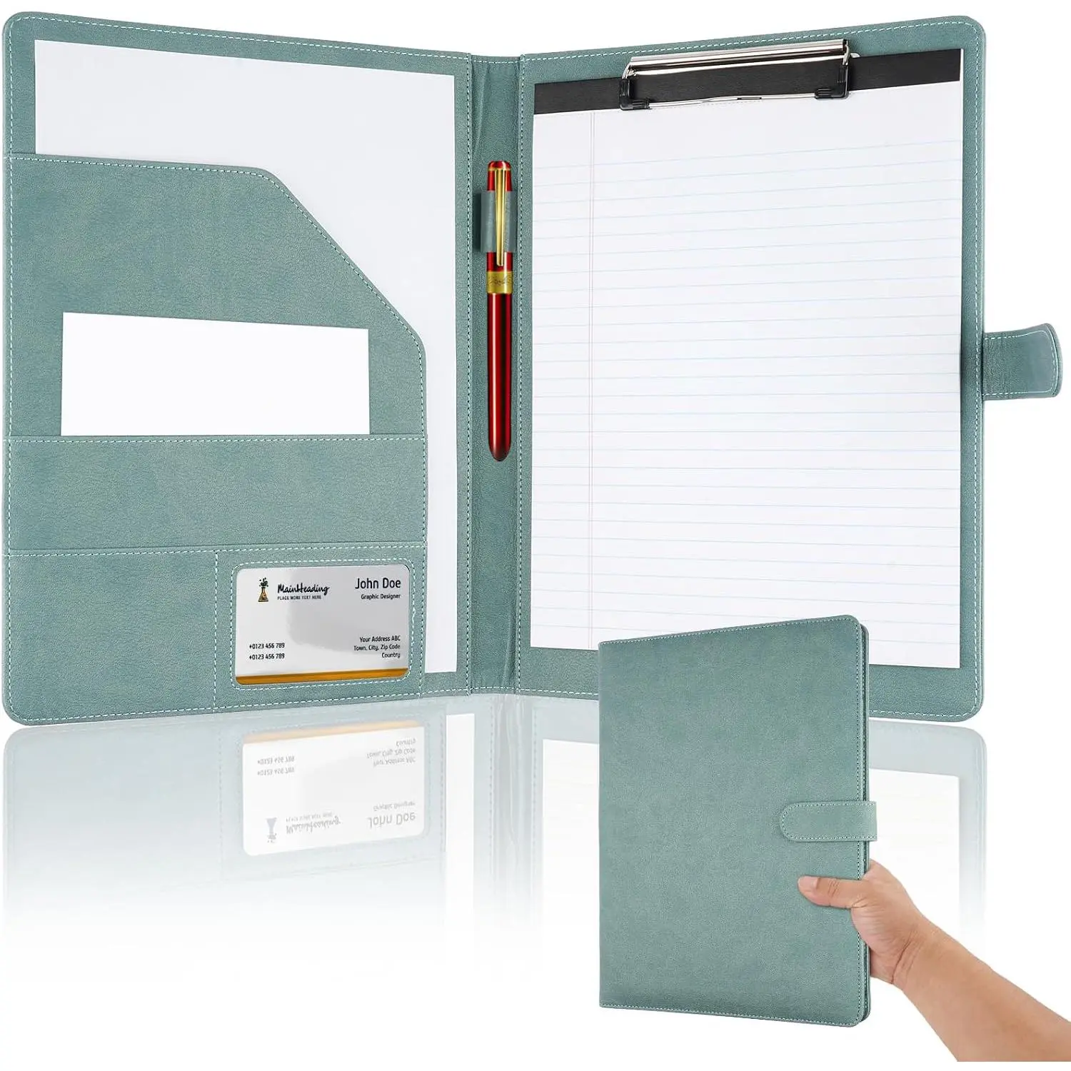 Professional Padfolio with Clipboard, Faux Leather Portfolio Folder Binder, Legal Pad Holder for A4 Letter Size Notepad, Resume, Writing, Ideal Organizer for Business Office Conference (Gray Green)