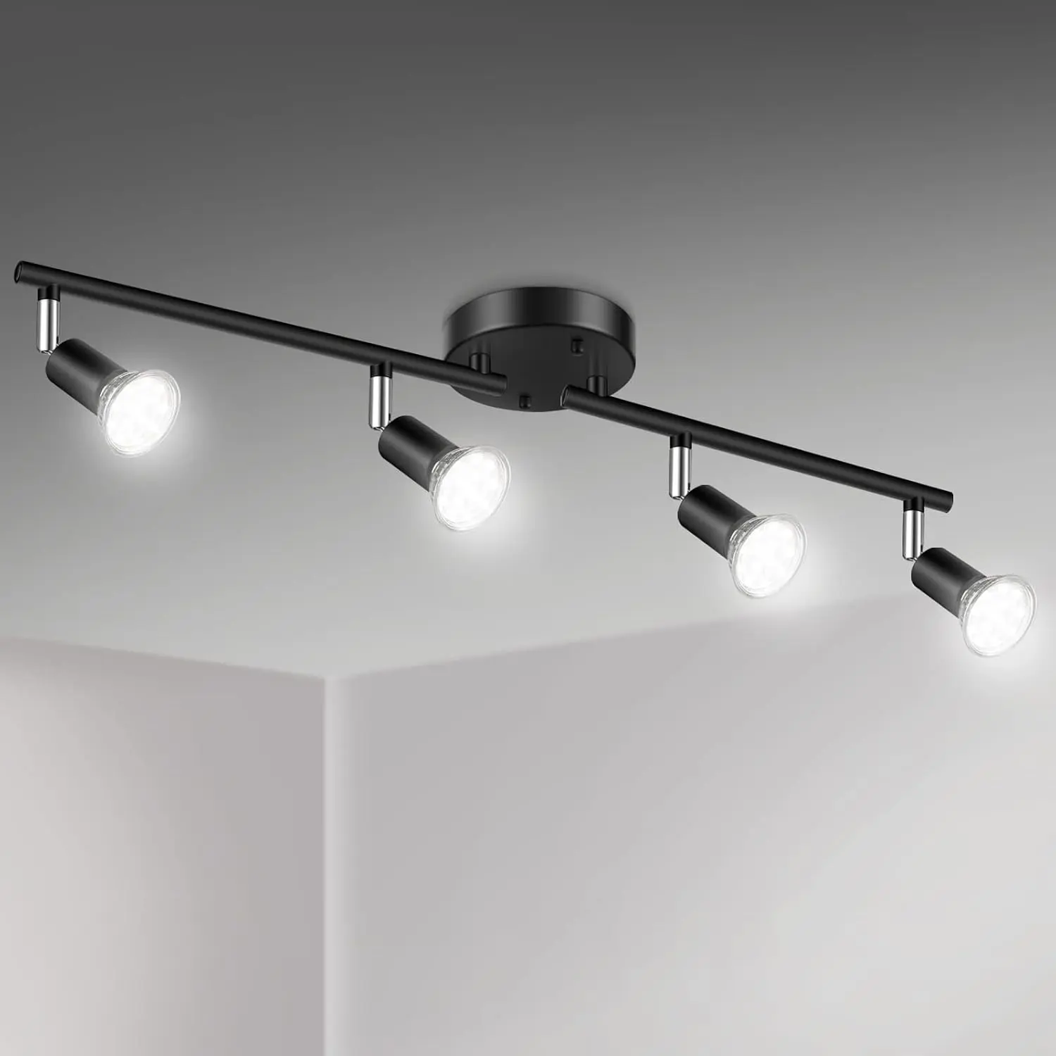 LED 4 Light Track Lighting Kit, 24.8'' Black 4 Way Ceiling Spot Lighting, Flexibly Rotatable Head, Track Light Included 4 x LED GU10 Bulb (4W, Daylight White 5000K, 400LM)