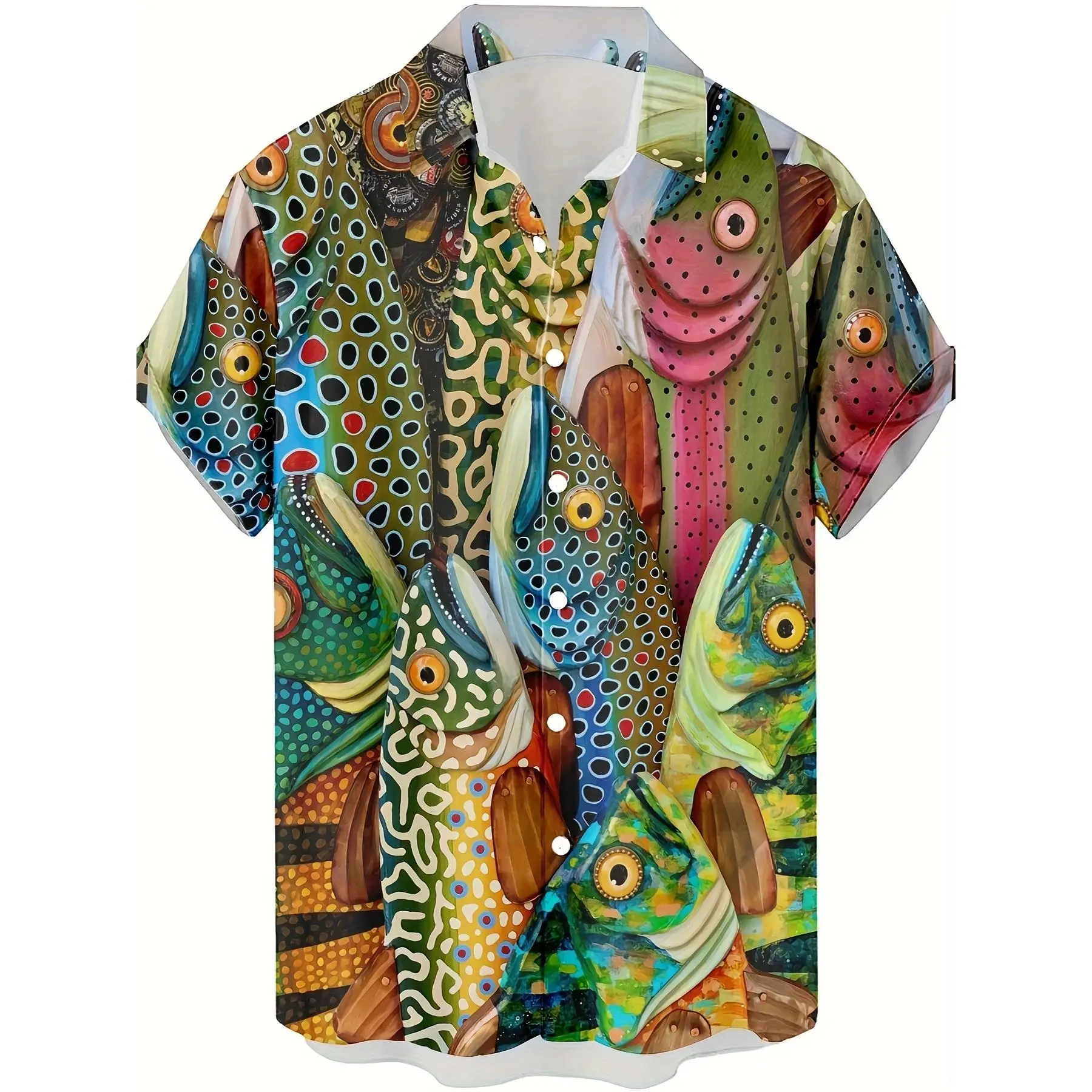 Men's Hawaiian Shirt - Tropical Fish Print Button-Front Beach Shirt, Opaque Fabric, Suitable for Summer Parties and Beach Trips as Casual Vacation Attire - Easy Care Bright Pattern Premium Button-Up