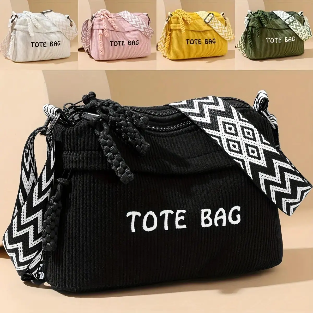 Women Corduroy Crossbody Shoulder Handbag, Large Capacity Design with Multiple Zipper Pockets, Adjustable Detachable Strap Casual Daily Storage Bag for Travel Errands, Crossbody Bag, Everyday Bag
