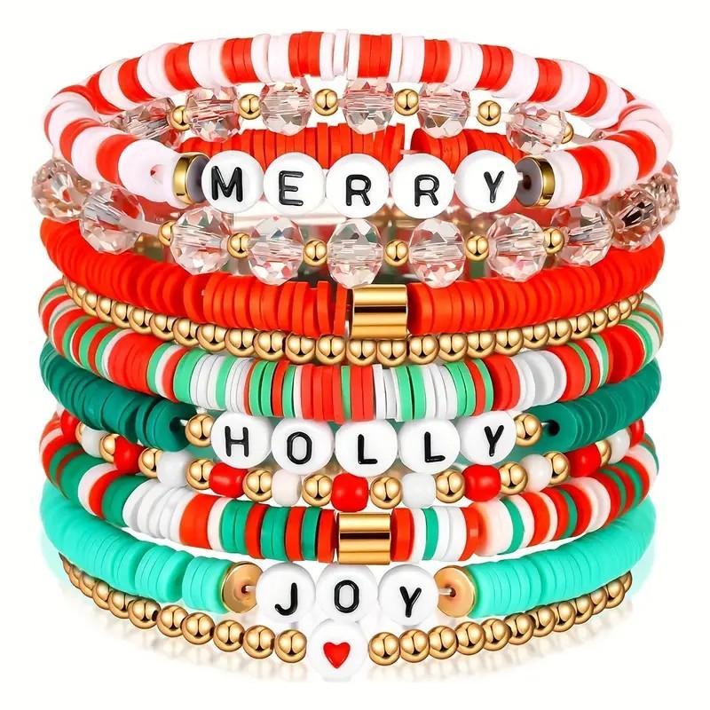MANY [Christmas Holiday Bracelet Set] 10-Pack Festive Polymer Clay Heishi Stretch Bracelets with Joyful Messages Plastic Bead Jewelry Gift for Women Seasonal Party Accessories.
