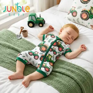 Junblebaby Tights - Bamboo Fiber Baby Short Sleeve Double Zipper romper  ,   Kids   pjs, Easy Diaper Change, with Off-road Vehicle, Flower, Pastoral Theme Digital Print Super Soft Breathable Double Zipper Short Sleeve Baby Romper, Suitable for Summer Wear