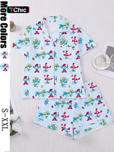 Women's 2-Piece Elf Print Sleepwear Set, Short Sleeve Button Front Top and Elastic Shorts, Comfortable Casual Home Wear, Festive Pajamas