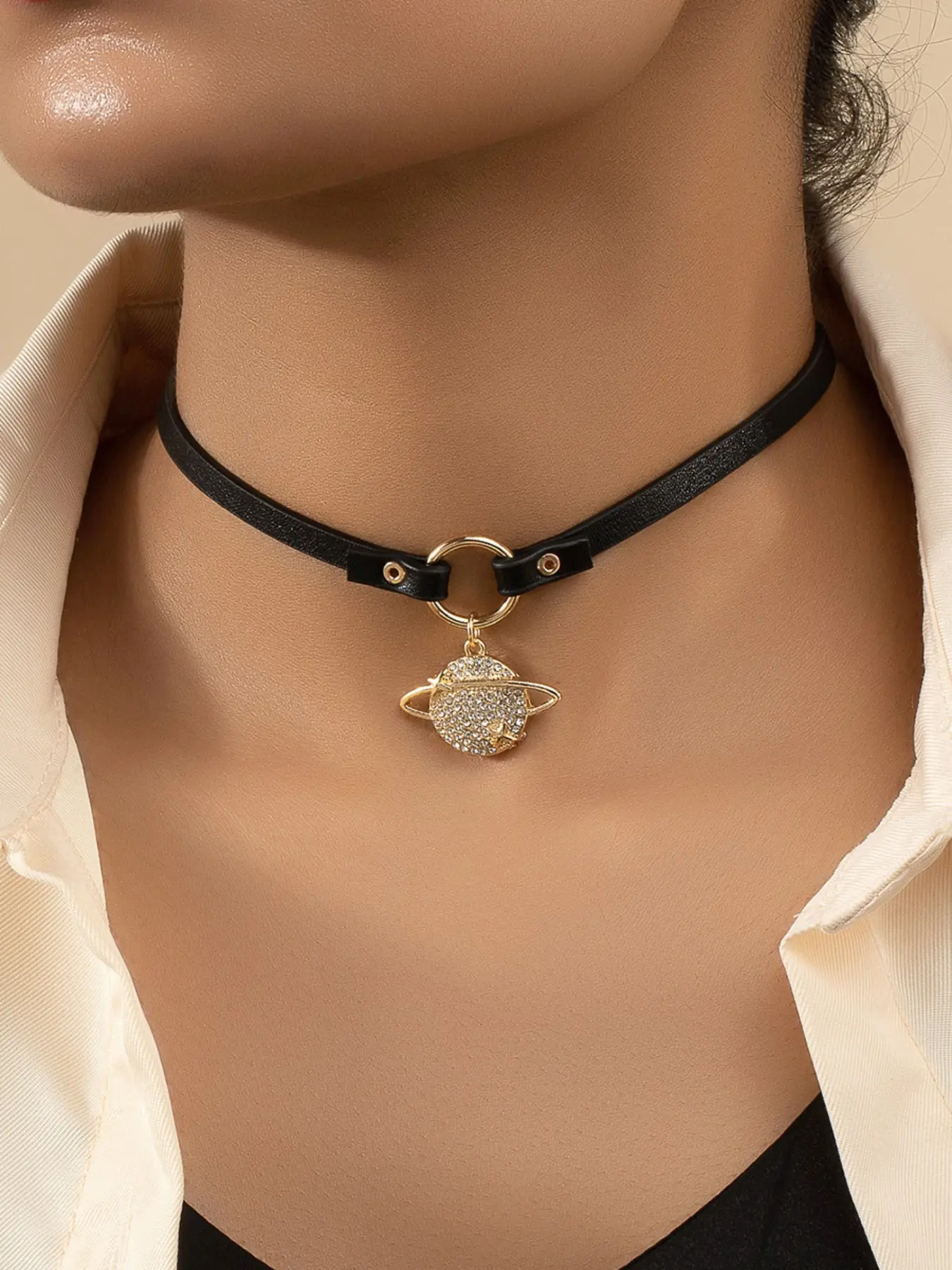 Trendy Punk Style Alternative Accessories, Rhinestone Cosmic Lock Necklace, Unique Binding Collar Chain, Fashionable Neckwear