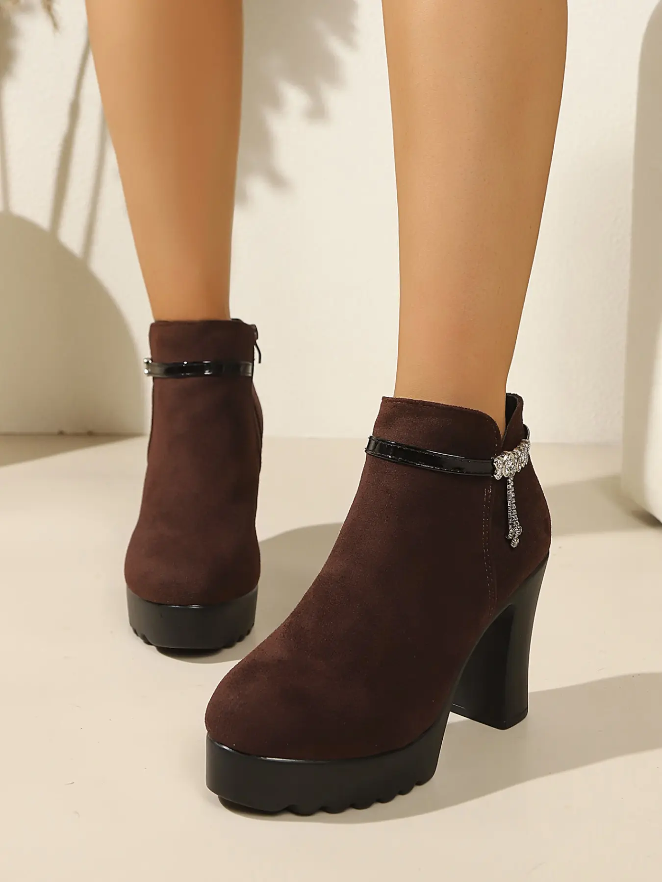 Women's Short Ankle Boots, Side Zip Slip-On, Rhinestone Bow Decor, 10cm Waterproof Chunky Heel, Perfect for Evening Parties, Weddings