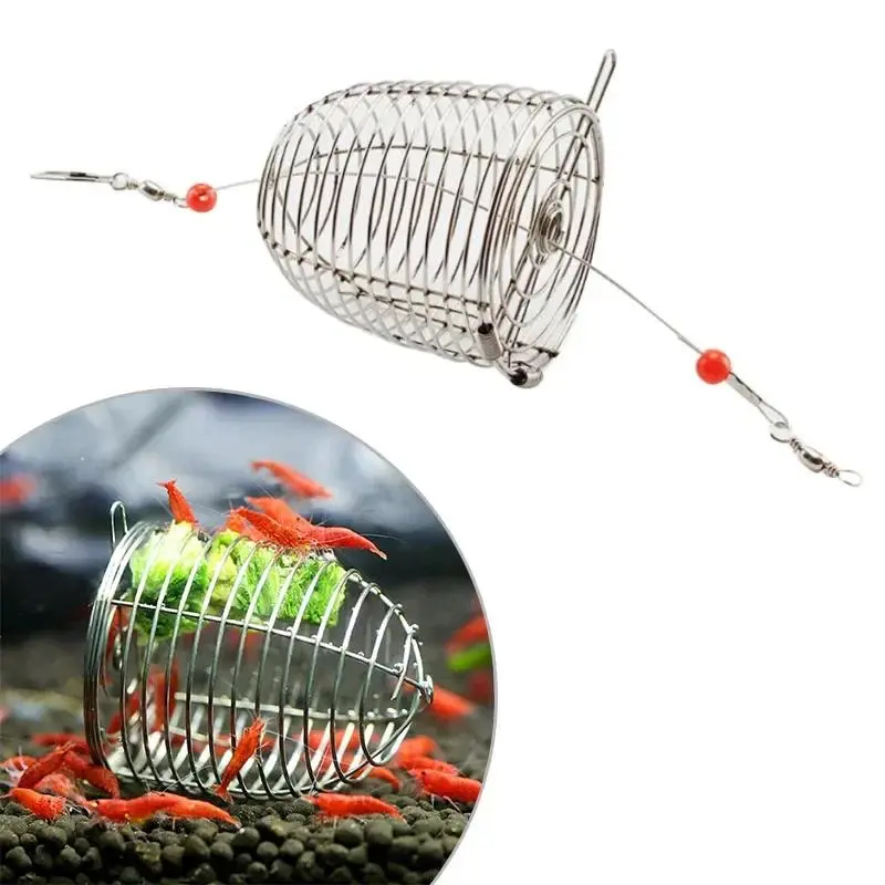 Stainless Steel Shrimp Feeding Dish - Corrosion-Resistant Feed Tool, 3.7*3.4cm Metal Container with Anti-Bite Wire & Spring Door for Adult Shrimp Foods, Fish Tank Cage Fishing Aquatic Pet Supplies