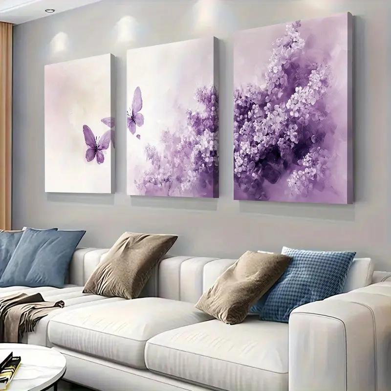 2D FlAT Printing 3Pcs Framed Wall Decor Purple Floral Butterfly Canvas Art, Elegant Lavender Watercolor, Nature Wall Mural For Living Room Bedroom Bathroom Office Home, Birthday Housewarming Gifts, Christmas Thanksgiving Mother's Day Holiday Presen,3-pack