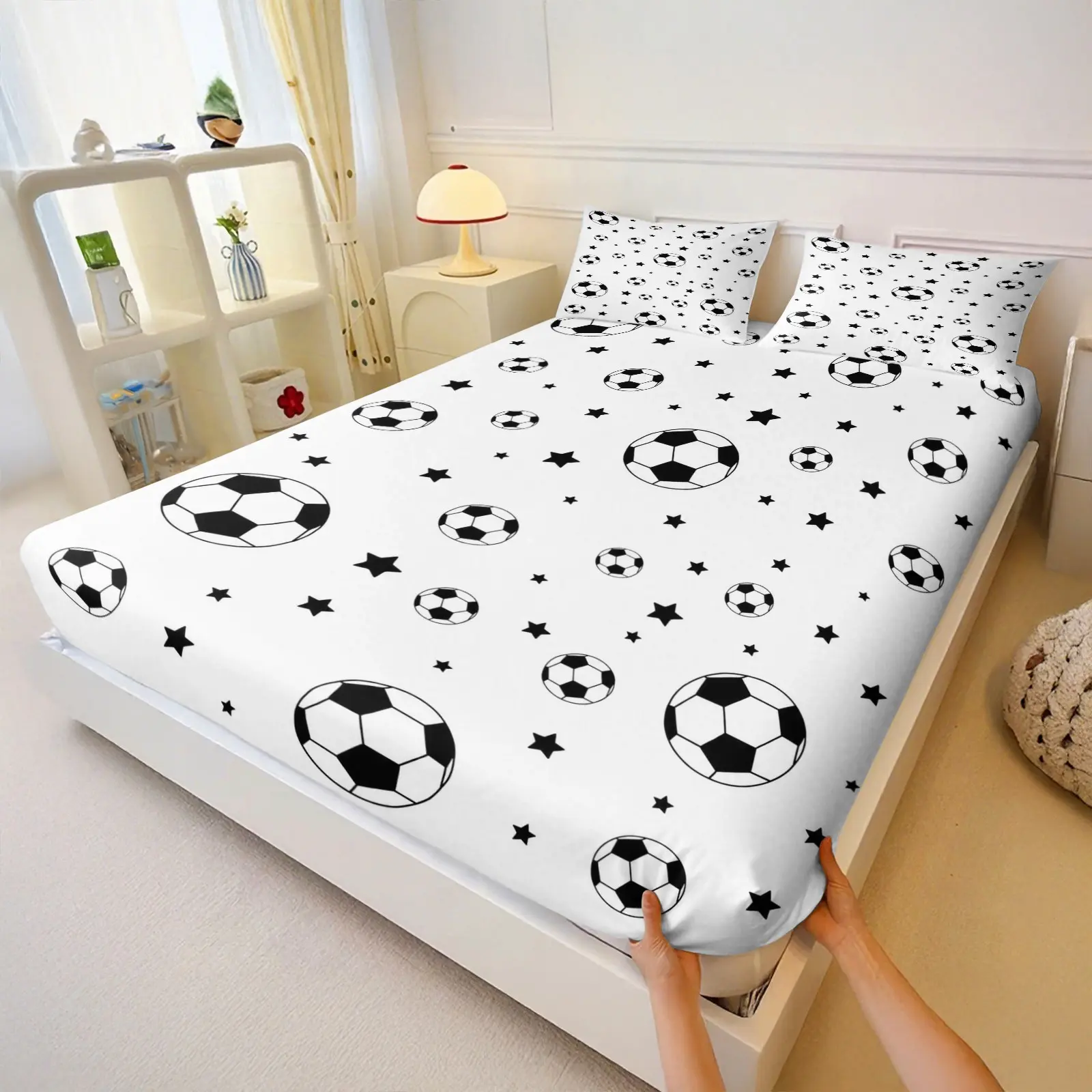 Soccer Fitted Sheet Queen Size,Geometric Honeycomb Stars Abstract Bedding Set,Football Ball Sport Games Bed Cover,Black White Simple Bed Sheet With 2 Pillowcases, Breathable Sheet Set