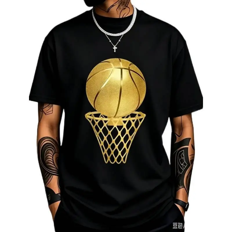 Men's Plus Size White Short Sleeve T-Shirt Golden Basketball Pattern Hoop Design Fashionable Casual Tee,graphic,tee casual crewneck,funny,father,Versatile,Vintage,Over,Festive,Round,Cute,Family,Breathable,Christmas,Botanical,Printed,tr,fashi,s,comfo,comfy
