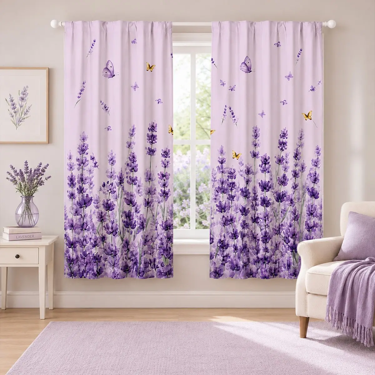 2 pieces of high-definition digital lavender and purple butterfly patterned decorative window curtains. They offer semi-transparent protection for privacy and can be washed by hand or machine. Suitable for bedroom and living room home decoration.