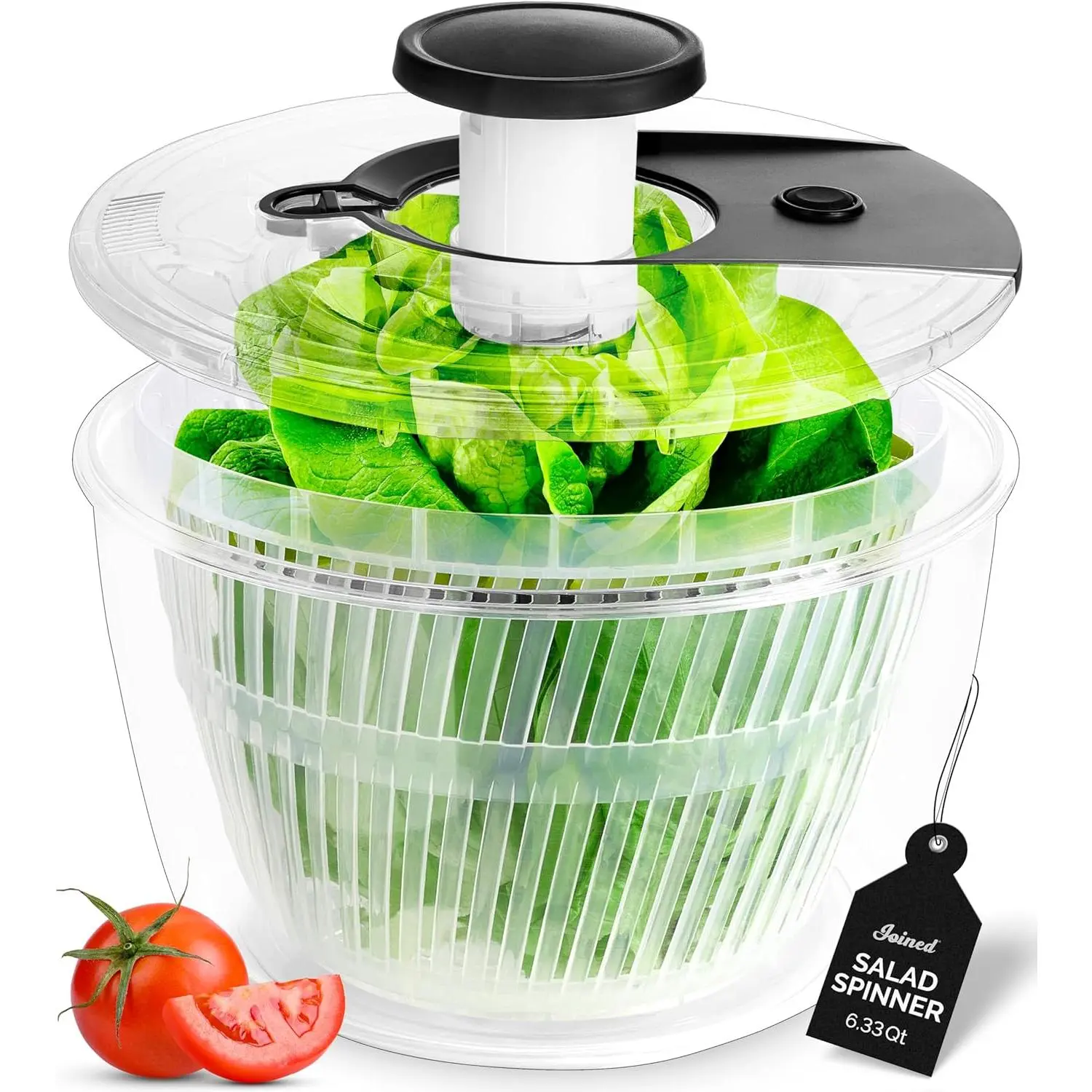 Large Pump Salad Spinner with Drain, Bowl, and Colander - Quick and Easy Multi-Use Lettuce Spinner, Vegetable Dryer, Fruit Washer, Pasta and Fries Spinner - 6.33 Qt (Black)