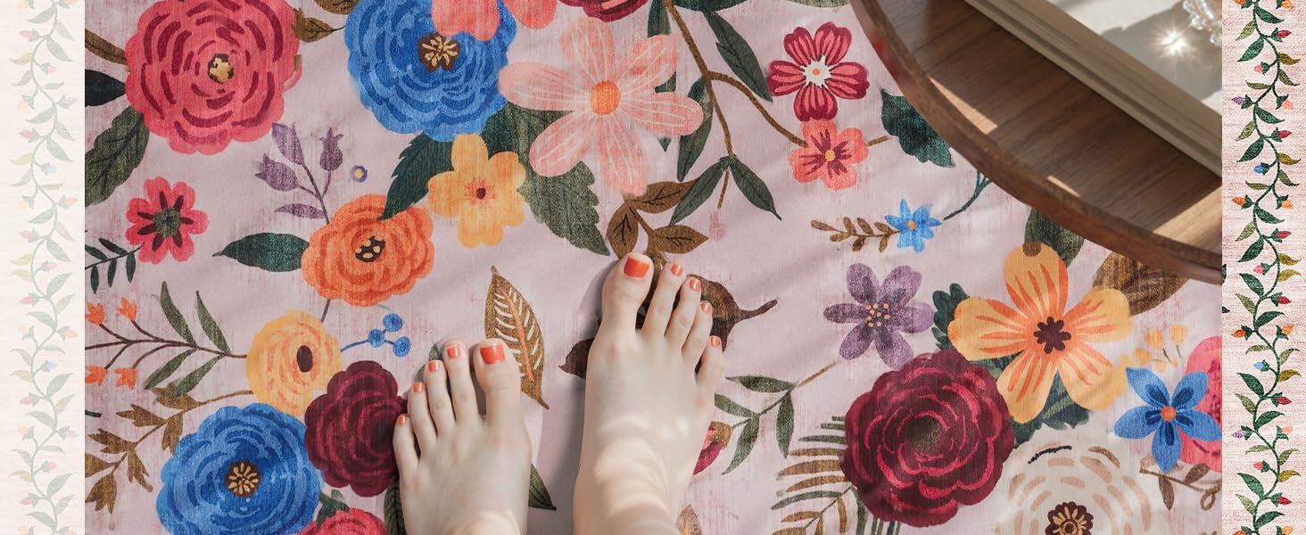 Pink Area Rug 4x6 Rug Washable Boho Rugs Non Slip Low Pile Floral Small Carpet for Bedroom, Bedside, Kids Room, Office, Dining Room(Light Pink, 4 x 6)